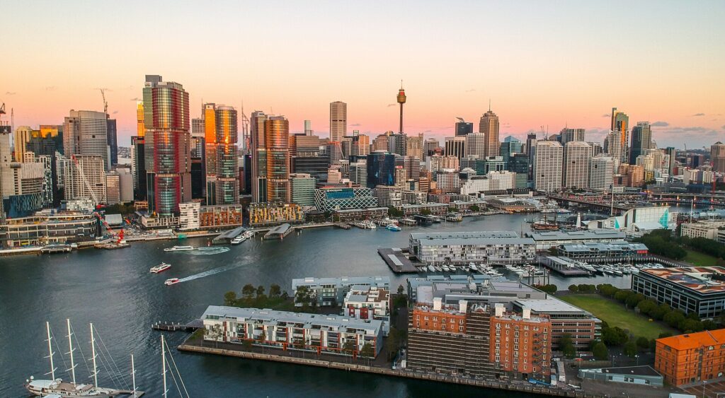 An aerial view of Darling Harbour and its surrounds, looking east