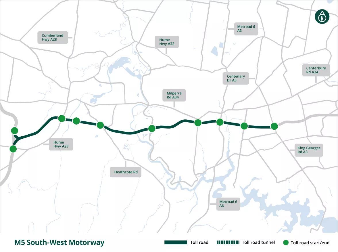 Map of the M5 South-West toll road through Sydney.